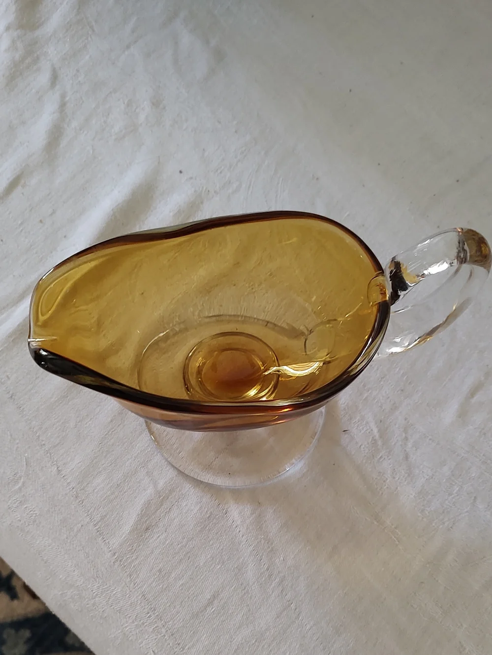 Large Williams Sonoma Amber Citrine and Clear Glass Footed Gravy Sauce Boat